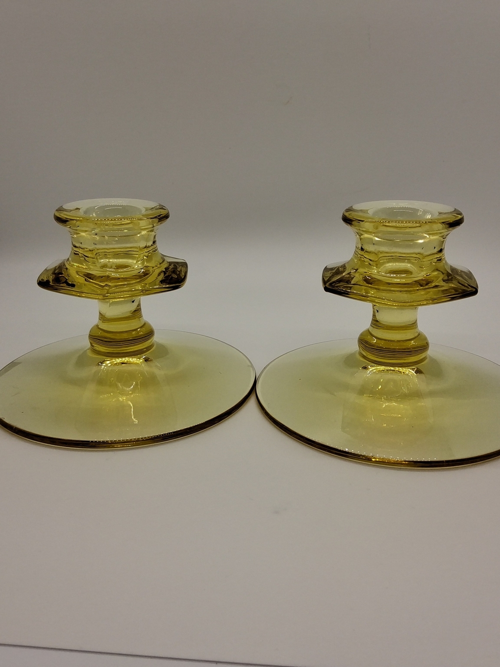 Pair of Antique Yellow Amber Depression Glass Candle Holders – 1930's